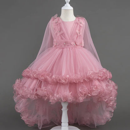 Girls White Pink Party Princess Dress Kids Girl Tailing Dresses for Wedding Birthday Ceremony Baby Girl Gown