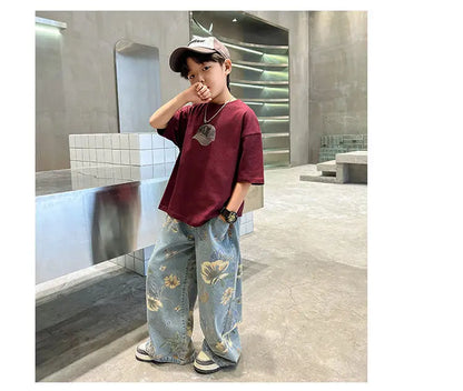 Boys' Summer Outfit Sets New Style Children's Short Sleeved T-shirt Long Pants Two-piece Suits Big Children's Stylish Sets