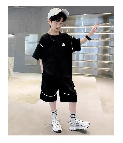 Boys Suit Child set Clothes Short-Sleeved loose black t-shirt + half pants Teenager Tracksuits Kids 8 10 12 year