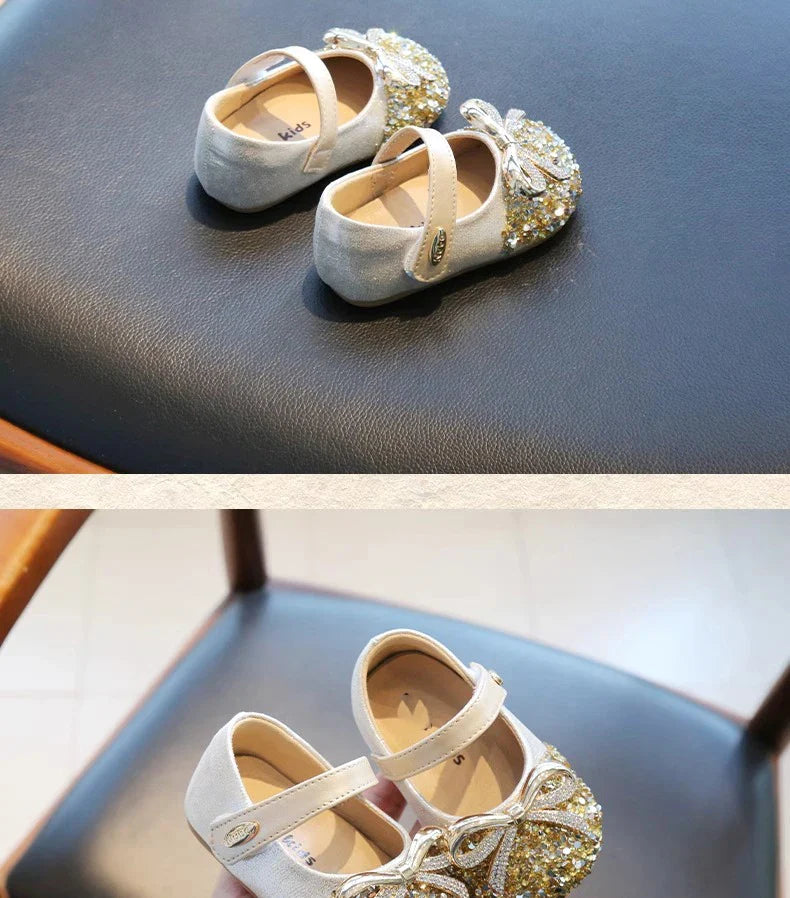 Bling Sequine Flats Shoes For Kids Princess Gold Silver Bowtie Dress Shoes For Toddler Girls Spring Autumn Causal Baby Walkers