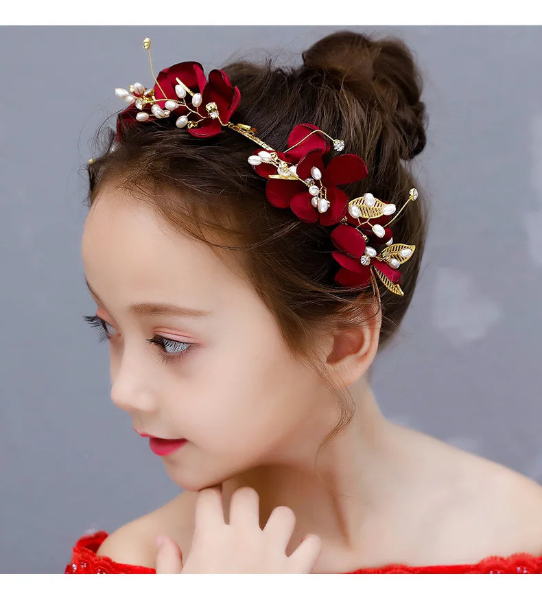 Red Ancient Chinese Style Headband Floral Hairpiece for Girls Princess Hanfu Accessories Traditional Festival Celebration Gift