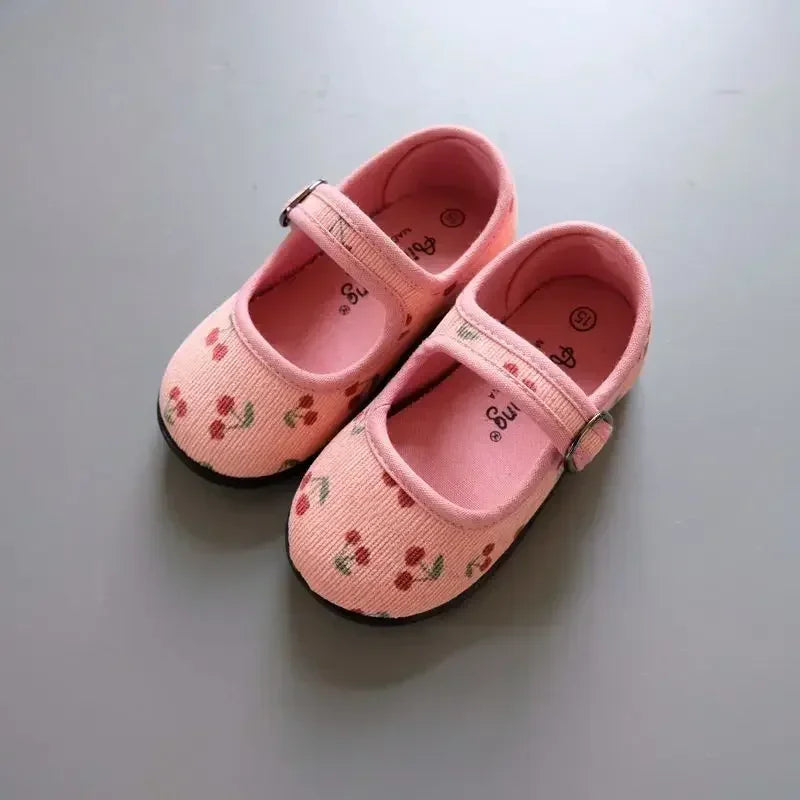 New Corduroy Floral Canvas Shoes Girls Square Mouth Indoor Shoes Soft Soled Non-slip Shoes