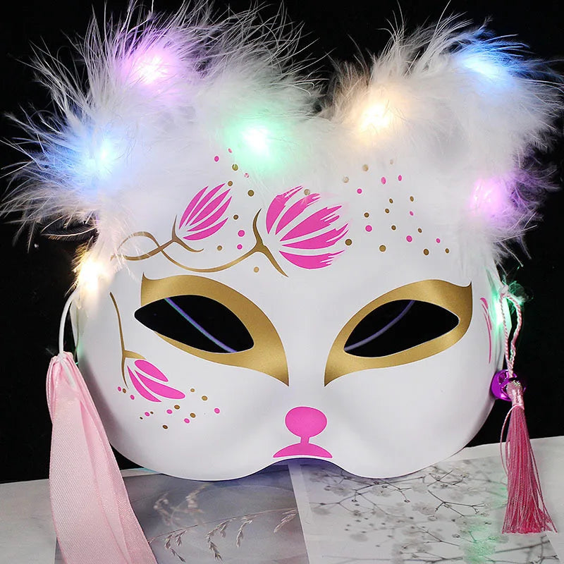 Luminous Feather Fox Mask Half Face Cat Anime Fox Mask Children Luminous Mask Eye Mask Makeup Party Role Play Props