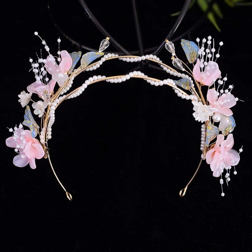 Flower Hanfu Tassel Hair Hoop Beads Crown Chinese Ancient Hairband Double-layer Alloy Swaying Fairy Headwear Hairstyle Tool