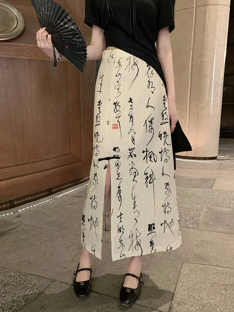 New Chinese Style High Grade Irregular Calligraphy Half Body Dress Fashion Qipao Two Piece Set Skirt Women's Summer Hanfu Suit