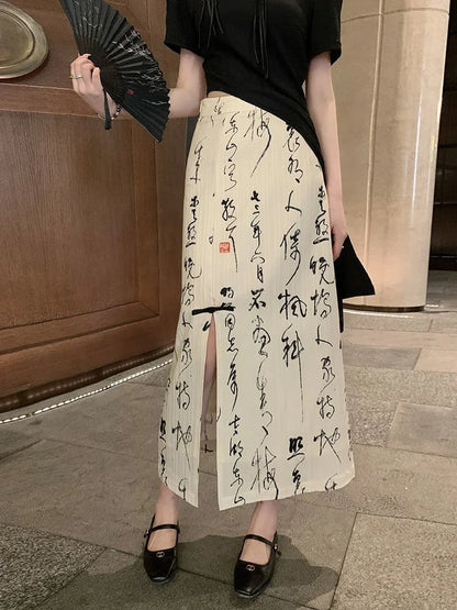 New Chinese Style High Grade Irregular Calligraphy Half Body Dress Fashion Qipao Two Piece Set Skirt Women's Summer Hanfu Suit