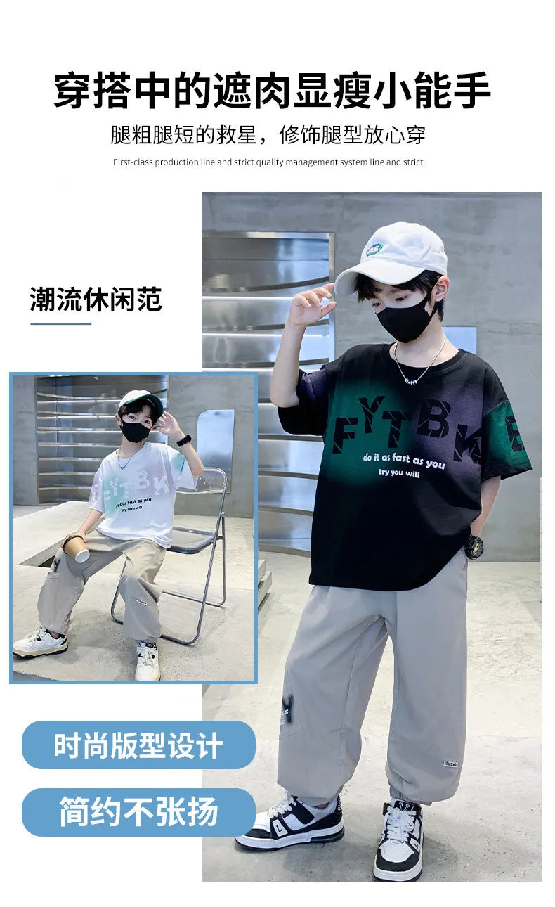 Teenager Boys Clothes Casual Outfit Kids Gradient Tracksuit Child t shirt + ankle tie pant