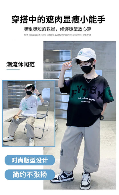 Teenager Boys Clothes Casual Outfit Kids Gradient Tracksuit Child t shirt + ankle tie pant
