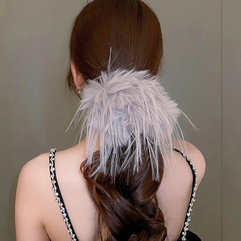 Large Feather Hair Rope Women Lady Elegant Black White Feather Elastic Hair Band Winter Headwear Fluffy Hair Scrunchy Hair Ring