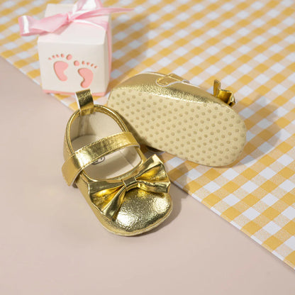 Gold Tie Cute Bow Flower Baby Princess Shoes Wedding Birthday Party Non-Slip Soft Sole Baby Toddler Shoes
