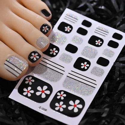 22tips/Sheet Baking Free Daisy Flower Toenail Sticker Full Cover Toe Nail Wraps Glitter Toenail Polish Strips DIY Foot Decals