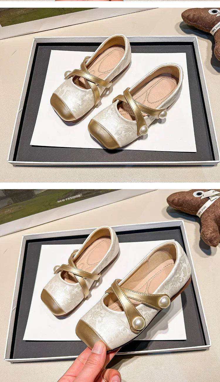 Spring Autumn Chinese Style Pearl Small PU Shoes Retro Versatile Girls Square Head Shallow Mouth Flats