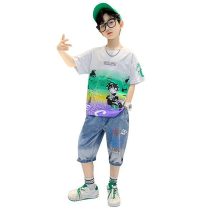 Boys Casual Cartoon Gradient T-shirt jeans Suit Medium And Large Children Two-piece Set  (Available)