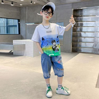 Boys Casual Cartoon Gradient T-shirt jeans Suit Medium And Large Children Two-piece Set  (Available)