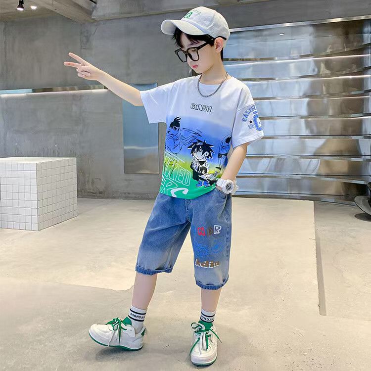 Boys Casual Cartoon Gradient T-shirt jeans Suit Medium And Large Children Two-piece Set  (Available)
