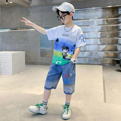 Boys Casual Cartoon Gradient T-shirt jeans Suit Medium And Large Children Two-piece Set  (Available)