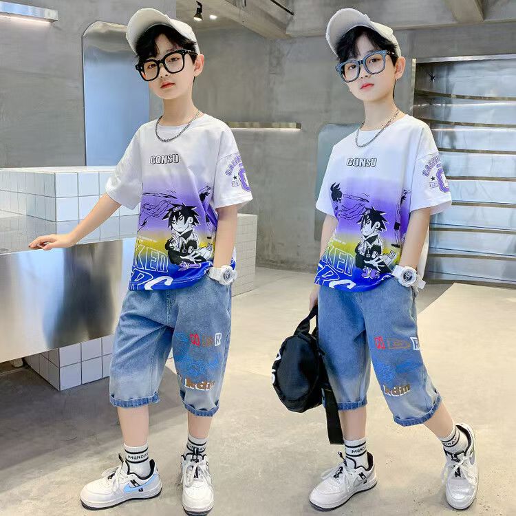 Boys Casual Cartoon Gradient T-shirt jeans Suit Medium And Large Children Two-piece Set  (Available)