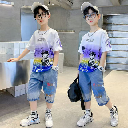 Boys Casual Cartoon Gradient T-shirt jeans Suit Medium And Large Children Two-piece Set  (Available)