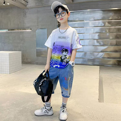Boys Casual Cartoon Gradient T-shirt jeans Suit Medium And Large Children Two-piece Set  (Available)