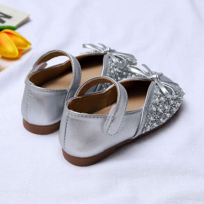 Spring Autumn New Soft Bottom Rhinestone Bow Leather Children Shoes Slip Girls Shoes for Kids Flats