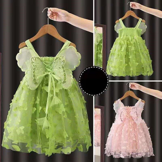 Fairy Girl Glitter Butterfly Wings Dress Summer New Kids Green Sling Princess Dresses Party Girls Costume  (Available)