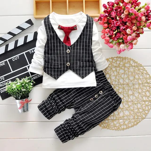 Baby Boy Clothes Formal Suit Gentleman Tie Plaid Vest Tops Trousers  (Available)