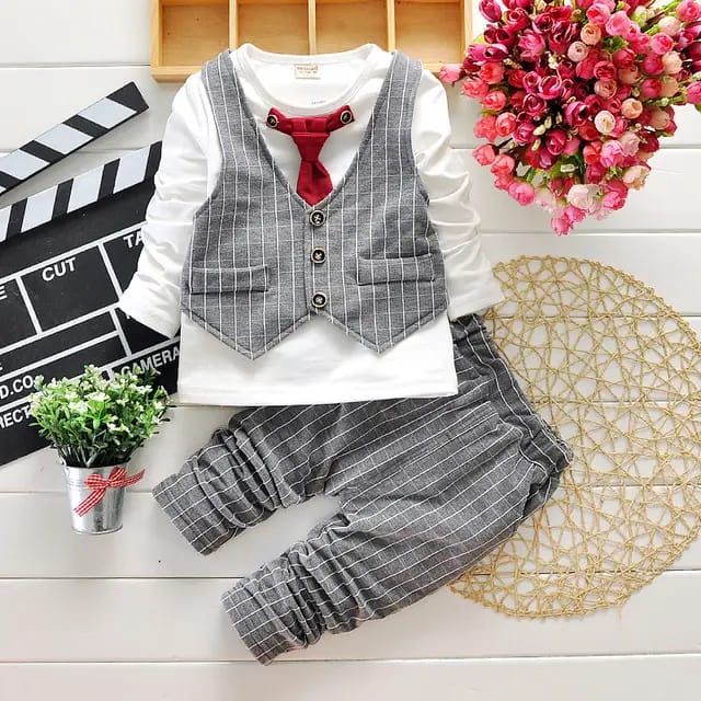 Baby Boy Clothes Formal Suit Gentleman Tie Plaid Vest Tops Trousers