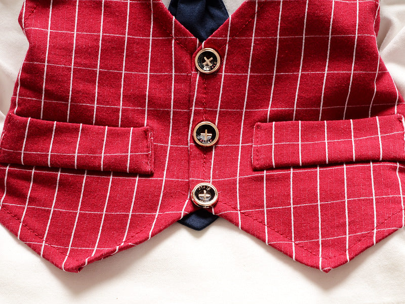 Baby Boy Clothes Formal Suit Gentleman Tie Plaid Vest Tops Trousers  (Available)