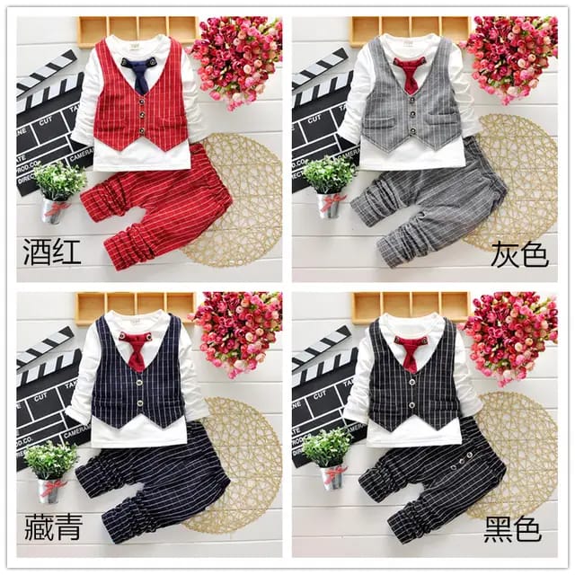Baby Boy Clothes Formal Suit Gentleman Tie Plaid Vest Tops Trousers  (Available)