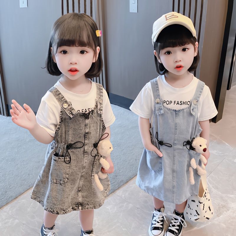 Girls Short Sleeve Top Suspender Dress Clothes Sets Summer Children Cotton T-Shirt Denim Dress 2pcs Outfit Bear  (Available)