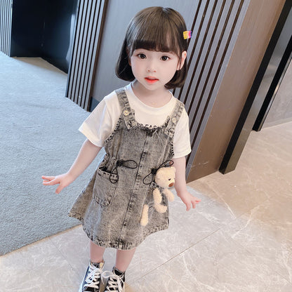 Girls Short Sleeve Top Suspender Dress Clothes Sets Summer Children Cotton T-Shirt Denim Dress 2pcs Outfit Bear  (Available)