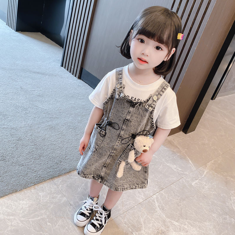 Girls Short Sleeve Top Suspender Dress Clothes Sets Summer Children Cotton T-Shirt Denim Dress 2pcs Outfit Bear