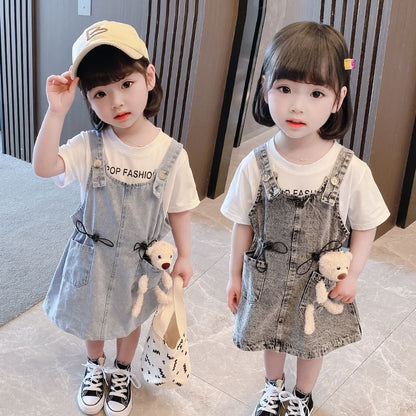 Girls Short Sleeve Top Suspender Dress Clothes Sets Summer Children Cotton T-Shirt Denim Dress 2pcs Outfit Bear  (Available)