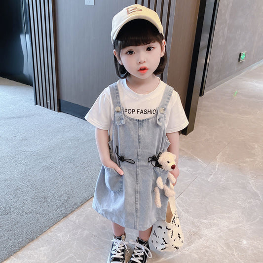 Girls Short Sleeve Top Suspender Dress Clothes Sets Summer Children Cotton T-Shirt Denim Dress 2pcs Outfit Bear  (Available)