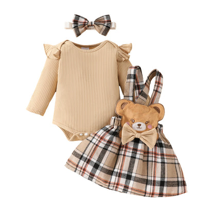 Girls' Fashion Minimalist Long Sleeve Triangle Rompers Bow Plaid Bear Doll Suspender Dress Hair Band Set  (Available)