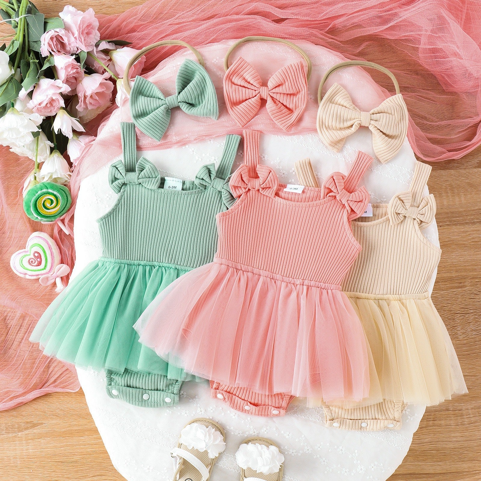 Baby Girl Cotton Romper Dress with matching bow headband