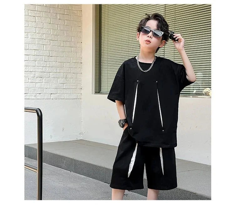 American Kids Design Double Cotton Gauze Clothing Set For Teenage Boy Casual Summer Top and Bottom Clothes Set Child Tracksuit - Mom & Kids