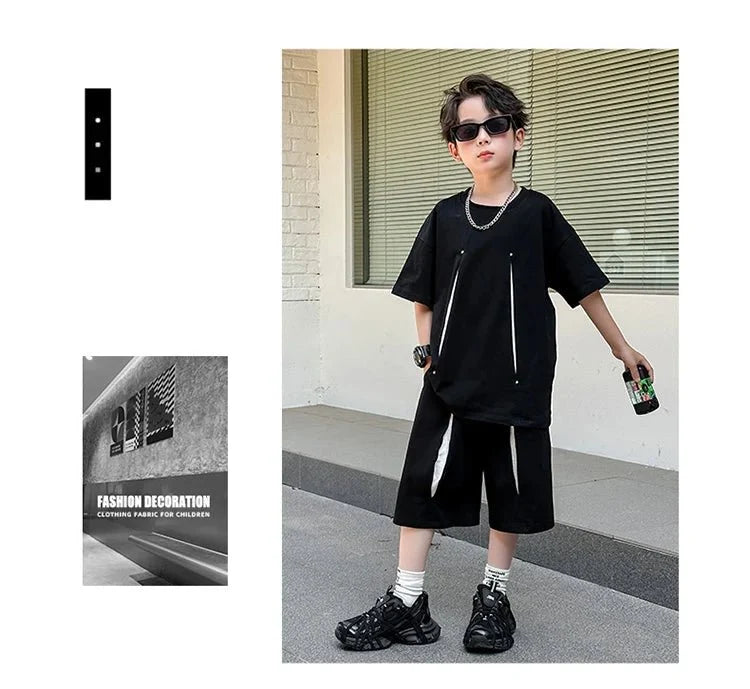 American Kids Design Double Cotton Gauze Clothing Set For Teenage Boy Casual Summer Top and Bottom Clothes Set Child Tracksuit - Mom & Kids