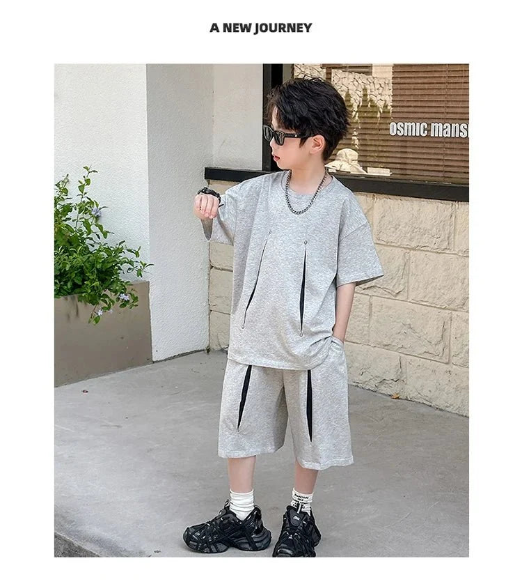 American Kids Design Double Cotton Gauze Clothing Set For Teenage Boy Casual Summer Top and Bottom Clothes Set Child Tracksuit - Mom & Kids