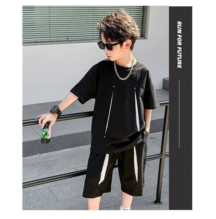 American Kids Design Double Cotton Gauze Clothing Set For Teenage Boy Casual Summer Top and Bottom Clothes Set Child Tracksuit - Mom & Kids