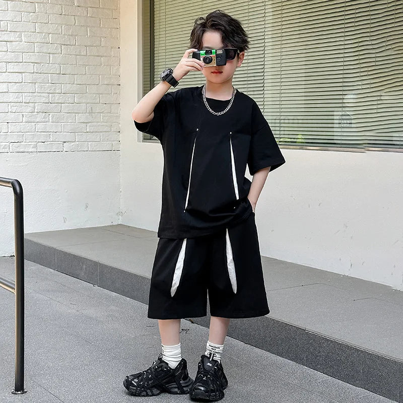 American Kids Design Double Cotton Gauze Clothing Set For Teenage Boy Casual Summer Top and Bottom Clothes Set Child Tracksuit - Mom & Kids
