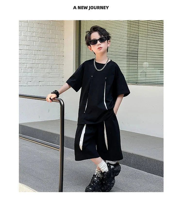 American Kids Design Double Cotton Gauze Clothing Set For Teenage Boy Casual Summer Top and Bottom Clothes Set Child Tracksuit - Mom & Kids