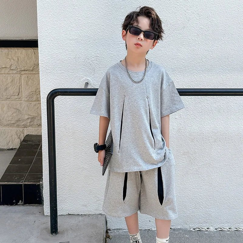 American Kids Design Double Cotton Gauze Clothing Set For Teenage Boy Casual Summer Top and Bottom Clothes Set Child Tracksuit - Mom & Kids
