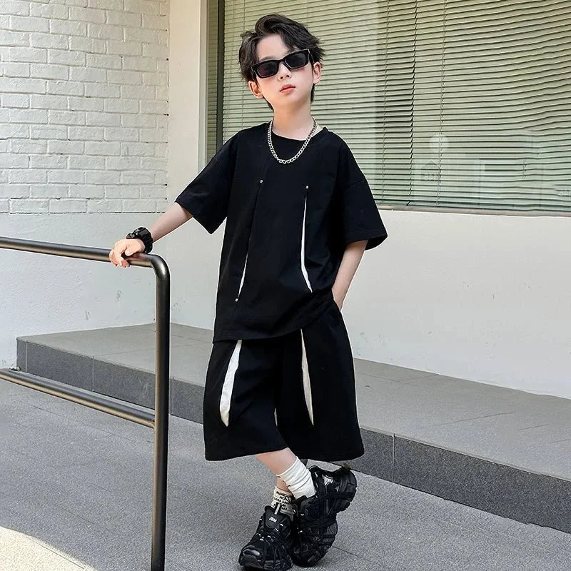 American Kids Design Double Cotton Gauze Clothing Set For Teenage Boy Casual Summer Top and Bottom Clothes Set Child Tracksuit - Mom & Kids