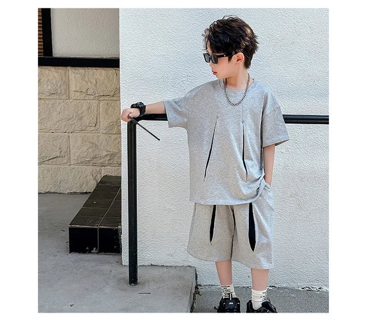 American Kids Design Double Cotton Gauze Clothing Set For Teenage Boy Casual Summer Top and Bottom Clothes Set Child Tracksuit - Mom & Kids