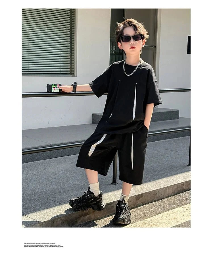 American Kids Design Double Cotton Gauze Clothing Set For Teenage Boy Casual Summer Top and Bottom Clothes Set Child Tracksuit - Mom & Kids