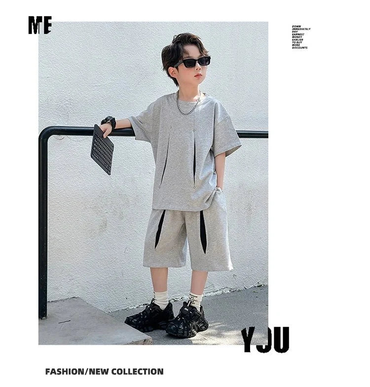 American Kids Design Double Cotton Gauze Clothing Set For Teenage Boy Casual Summer Top and Bottom Clothes Set Child Tracksuit - Mom & Kids