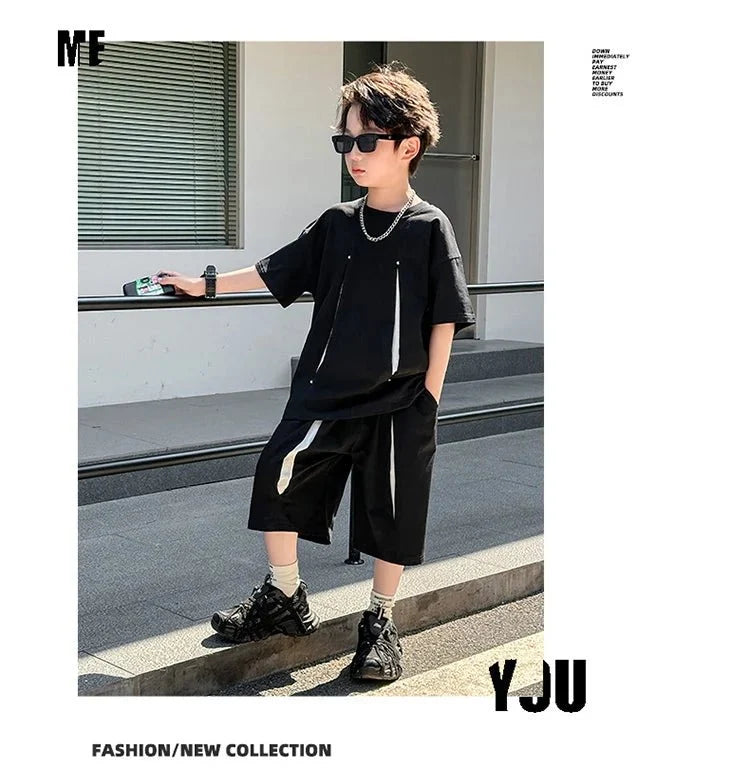 American Kids Design Double Cotton Gauze Clothing Set For Teenage Boy Casual Summer Top and Bottom Clothes Set Child Tracksuit - Mom & Kids