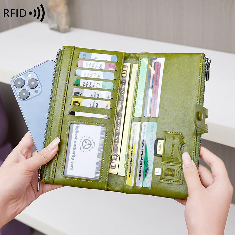 Oil Wax Leather Double Zipper Long European And American New Retro Anti-theft Swiping Women's Wallet