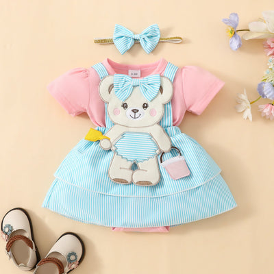 Baby Cute Bear Embroidered Fake Suspender Skirt Short Sleeve Triangle Baby's Gown